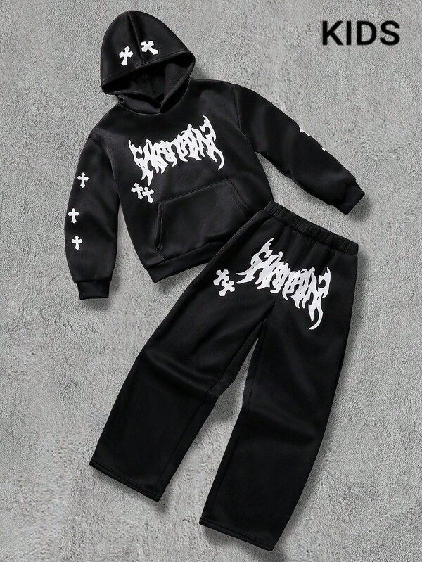 PAVTROS Boys Gothic Graffiti Print Hooded Sweatshirt And Pants Set, Casual Sports Outfit For Autumn/Winter Fall