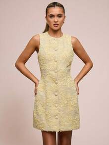 SHEIN BAE Autumn/Winter Women's Textured Floral Jacquard Round Neck Sleeveless Elegant A-Line Suit Dress, Yellow Dress, Yellow Textured Fabric Dress, Party Yellow Dress - Green - View 6