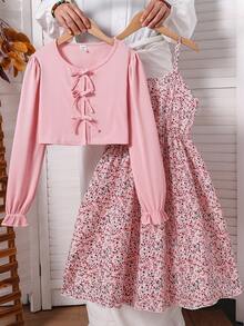 SHEIN Vintaside Kids 2 件套女童休闲罗纹针织开衫，蝴蝶结装饰和简约印花吊带裙，春秋 - 粉色 - 查看 1