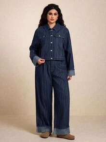 Elaquor 加大码深蓝色长袖宽松牛仔外套。精致牛仔提花面料，袖口卷边。适合秋季休闲外套。 - 深色水洗藍 - 查看 2