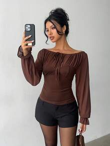 Aloruh Blouse de bureau en mousseline de soie plissée et bicolore avec nœud, couleur café - Marron - Voir 3