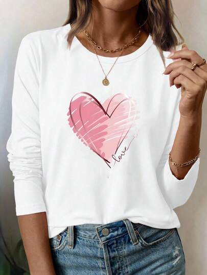INAWLY Heart Print Long Sleeve T-Shirt Graphic Tees Women Tops For Spring Outfit