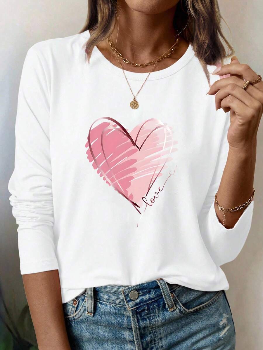 INAWLY Heart Print Long Sleeve T-Shirt Graphic Tees Women Tops For Spring Outfit