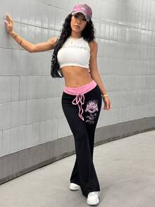 SHEIN PETITE 女式朋克风格撞色腰带印花喇叭裤 - 黑色 - 查看 6