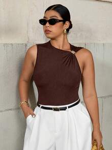 Easura 大码女式不对称金属装饰扣无袖紧身衣 - 棕色 - 查看 3