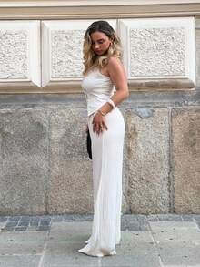 Jeta Ari Conjunto de 2 piezas de moda para mujer, de unicolor y textura, compuesto por un chaleco ajustado sin mangas con cuello redondo y botones, y pantalones rectos de talle alto y corte relajado, estilo elegante para ir al trabajo - Albaricoque - Ver 4