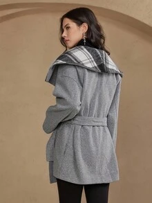 DAZY Women's Autumn/Winter Wool Blend Plaid Patchwork Cinched Waist Elegant Business Casual Overcoat