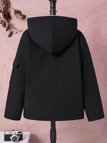 SHEIN Tween Boy Letter Graphic Zip-Up Fleece Hoodie Jacket, Boys Sherpa Lined Jacket, Boys Black Winter Jacket Fall - Black - View 3