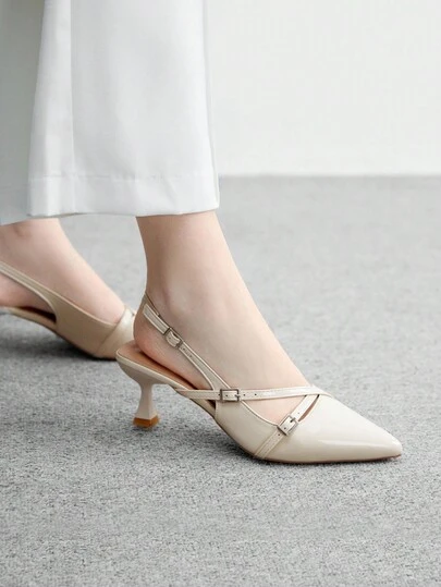 CUCCOO BIZCHIC 女士尖头小猫跟交叉带一脚蹬高跟鞋，米色，适合日常穿着和通勤