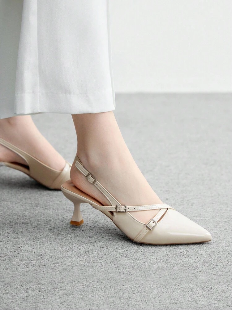 CUCCOO BIZCHIC Women's Pointed Toe Kitten Heel Criss-Cross Strap Slip-On Pumps, Beige, Versatile For Daily Wear And Commute For Christmas Spring Shoes