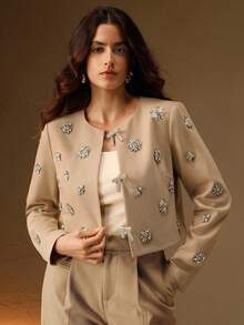 Anewsta Women's Winter Jacket, Luxury Wedding Evening Dress, New Fashion 3D Rhinestone Design Short Outerwear, Christmas, Thanksgiving Attire, Sequin Blouse, Fitted Elegant Jacket - Khaki - View 7