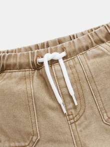 SHEIN Playful Pals 男婴休闲卡其色水洗牛仔工装裤，松紧腰带抽绳，时尚街头时尚，婴儿必备单品，适合日常出游的简约牛仔裤，秋季新品 - 卡其色 - 查看 3