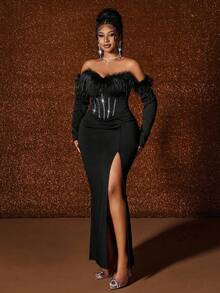 Maweii Vestido de hombros descubiertos para mujer de talla grande, con adorno de peluche sintético y rhinestones, abertura sexy, elegante para fiesta, cumpleaños, uso diario, color negro - Negro - Ver 7
