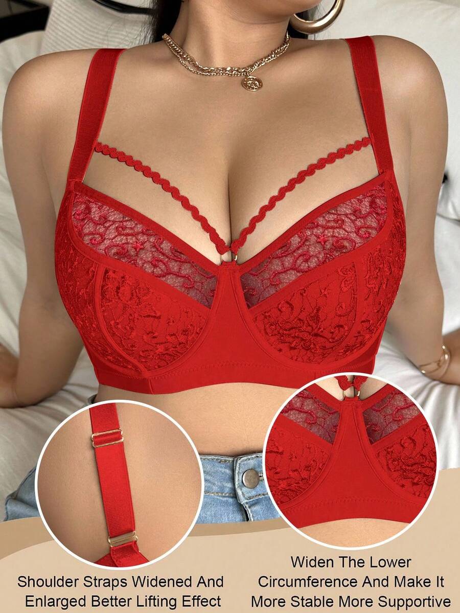 SHEIN 1 件加大码网眼刺绣钢圈文胸,提升型 - 紅色 - 查看 1
