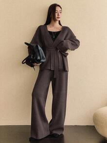 Dazy-Less 2pcs/Set Elegant Bowknot Knit Sweater Set For Women, Autumn/Winter Business Casual Woman - Coffee Brown - View 3