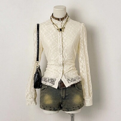 여성 레이스 긴소매 싱글 브레스트 스탠드 칼라 패션 블라우스