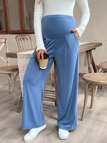 SHEIN Maternity Casual Solid Color Adjustable Waist Activewear - Dusty Blue - View 3