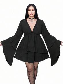 Flirla Đầm phong cách Punk thường ngày cỡ lớn dành cho nữ, đầm ngắn tay dài xếp tầng nhiều lớp, kiểu dáng Gothic, thích hợp cho mùa thu đông. - màu đen - Xem 1