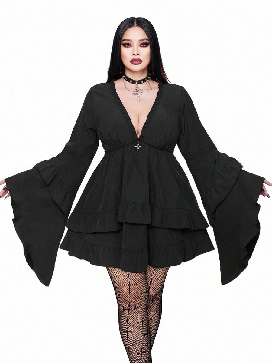 Flirla Đầm phong cách Punk thường ngày cỡ lớn dành cho nữ, đầm ngắn tay dài xếp tầng nhiều lớp, kiểu dáng Gothic, thích hợp cho mùa thu đông. - màu đen - Xem 1