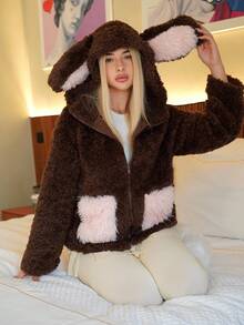 Sweetina Women's Fluffy Jacket With Cute Koala Ears, Adorable & Sexy In Fall/Winter - Coffee Brown - View 6