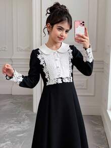 Tween Girls' Colorblock Patchwork Long Sleeve Dress Wedding, Party,Prom, Birthday,Halloween,Graduation - Black and White - View 3