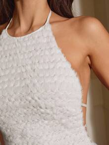 Aloruh Vestido elegante de mujer con escote halter, ajustado y con dobladillo de cola de sirena de unicolor - Blanco - Ver 7