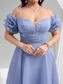 Coutiva Elegante vestido de bola de manga corta con hombros caídos, cuello en V profundo, plisado abultado y detalles de strass a cuadros, adecuado para fiestas de cumpleaños, ceremonias de graduación y cenas