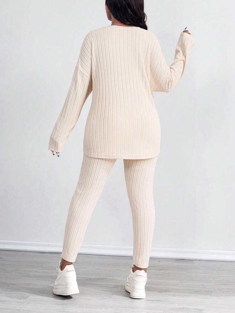 SHEIN PETITE CURVE 2pcs Plus Size Solid Color Long Sleeve Top And Pants Set/Winter - Apricot - View 2