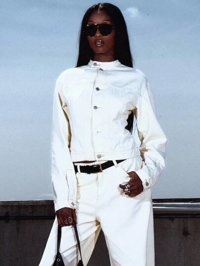 MUSERA 赛车领纽扣修身收腰落肩牛仔夹克，优雅夜生活性感可爱酷女孩街头风，冬季派对时尚之选。