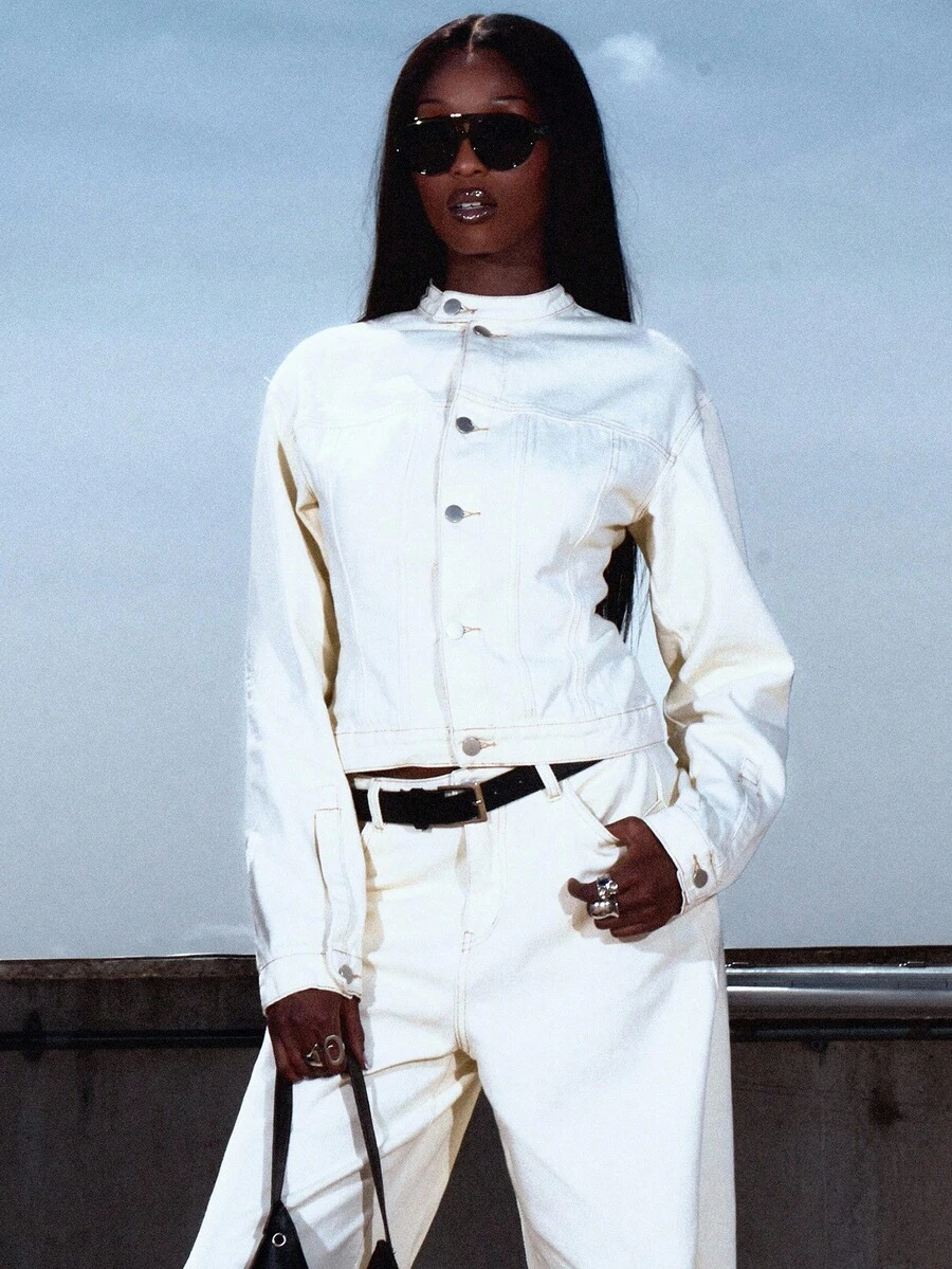 MUSERA 赛车领纽扣修身收腰落肩牛仔夹克，优雅夜生活性感可爱酷女孩街头风，冬季派对时尚之选。 - 杏色 - 查看 1