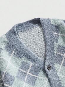 ROMWE MEN Prep Men's Rhombus Pattern Long Sleeve Single-Breasted Casual Knit Cardigan, Autumn/Winter