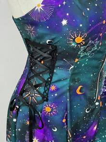 Sunspun 全新时尚百搭假日梦幻星空印花拼布荷叶边系带腰部装饰前拉链中长款吊带裙女式 - 霧霾藍 - 查看 8