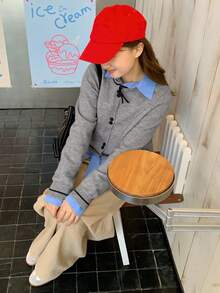 DAZY Teen Girl Contrast Color Bow Decor Round Neck Long Sleeve Single-Breasted Casual Cardigan Sweater Fall/Winter - Grey - View 14