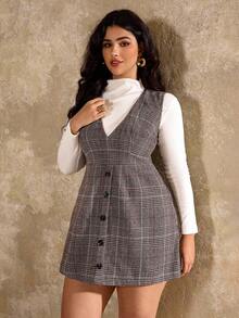 SHEIN PETITE CURVE Plus Size V-Neck Plaid Sleeveless Dress, Artistic Houndstooth Tank Dress, Autumn/Winter Vest Dress Vest And Skirt Set Tweed Dresses For Women Wednesday Addams Tweed Blazer Skirt Set Blazer Dress For Women Autumn Plus Size