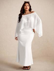 Elaquor 大码女式纯色露肩蝙蝠袖宽松时尚上衣 - 白色 - 查看 3