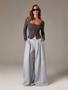 AiiRZ 棉质罗纹针织圆领纽扣前开衫，带网眼饰边细节，长袖 - 深灰色 - 查看 3