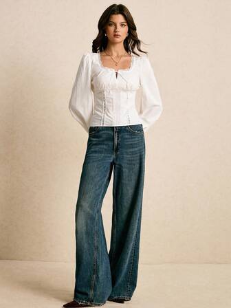 Poéselle 女式撞色蕾丝蝴蝶结装饰褶皱设计优雅衬衫