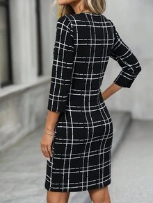 EMERY ROSE Women's Fashionable Elegant Plaid Print 3/4 Sleeve Short Dress - Black - View 2