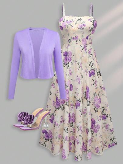 Franclia Plus Size Women Solid Color Long Sleeve Jacket And Floral Print Camisole Dress Set Fall Cloth For Women