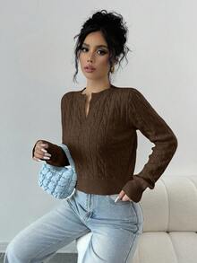 Elenzga Simple Solid Color Casual Daily Short Crew Neck Women Sweaters - Coffee Brown - View 6