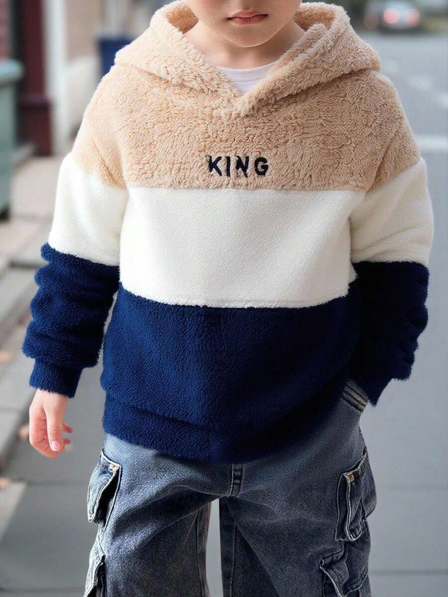 SHEIN Little Byeori Young BoyCasual Embroidered Fleece Patchwork Contrast Color Hoodie Flash Burgundy Boho Goth Y2k Streetwear Rave Vacation Holiday Party Festival Fall Winter Winter Clothes Retro Vintage Casual Cozy - Khaki - View 1