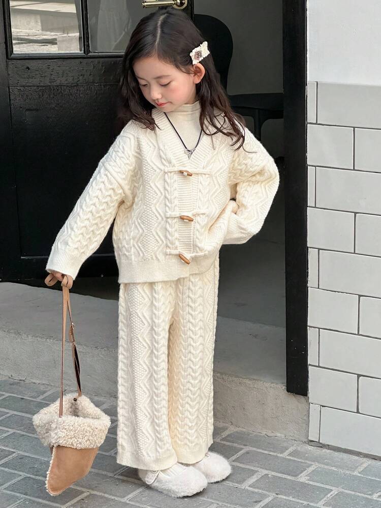 Young Girls Cable Knit Twist Solid Color Casual Cardigan & Casual Knit Pants Sweater Set
