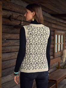 LanaWest Áo khoác cardigan dáng rộng, họa tiết chắp vá, có túi cài nút phía trước, phong cách du lịch thường ngày dành cho nữ, mùa thu/đông - Màu be - Xem 2