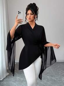 SHEIN CURVE+ 大码女式纯色雪纺透明大码袖子收腰衬衫 - 黑色 - 查看 5