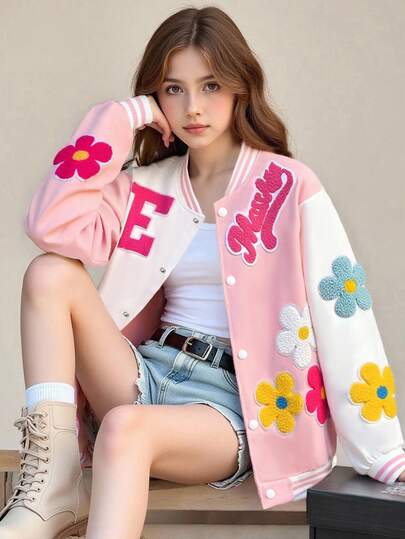 SHEIN 女童休闲时尚百搭彩色 3D 花卉撞色宽松棒球夹克外套，春秋