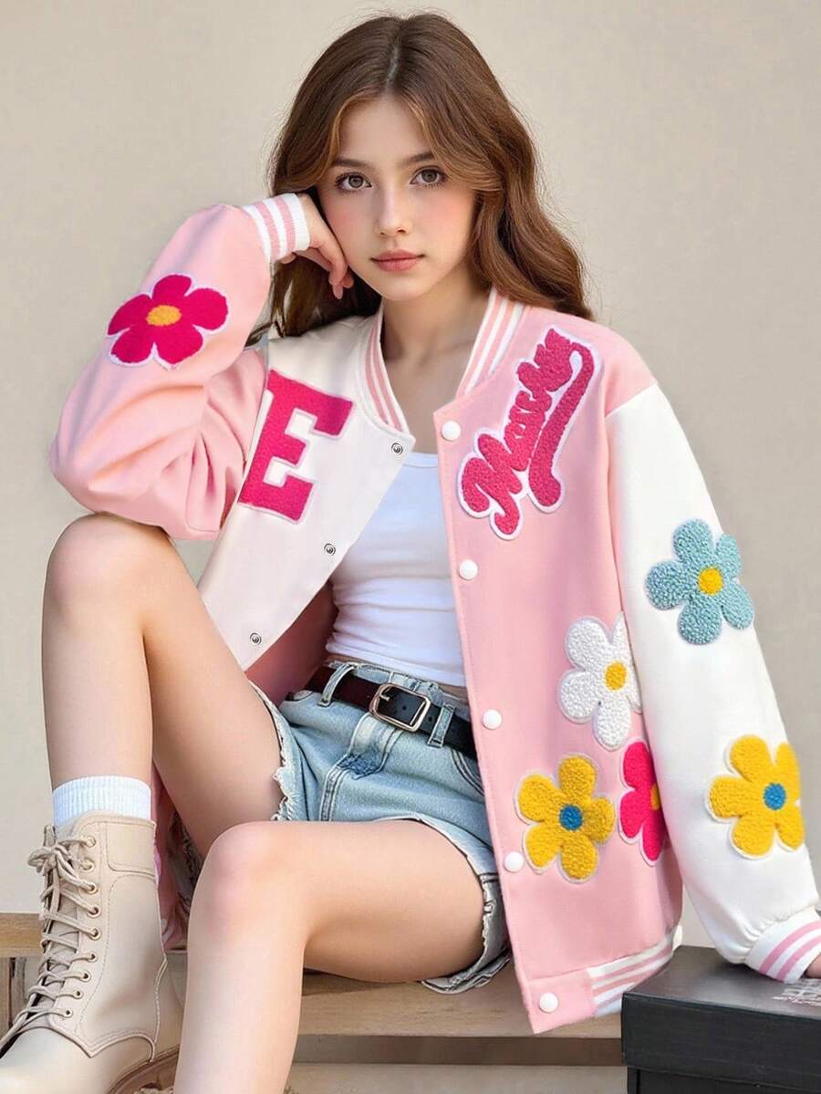 SHEIN Girls' Casual Fashionable Versatile Colorful 3D Floral Contrast Color Loose Baseball Jacket Coat, Spring/Autumn Fall Winter - Multicolor - View 1