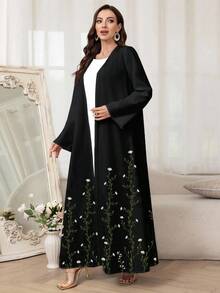 Al Najma 女式雏菊印花长袖宽松开襟阿拉伯长袍 - 白色 - 查看 4