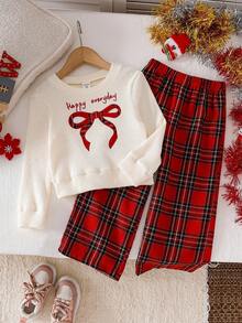 Genkimix Kids 女童可爱红色格子蝴蝶结上衣和阔腿格子裤套装 - 杏色 - 查看 1