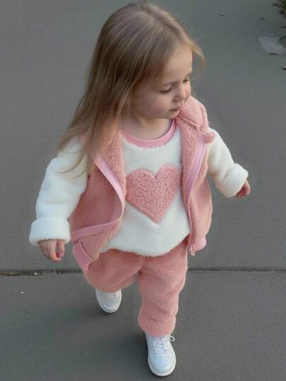 3pcs Baby Girl Outfit Set: Hooded Fleece Jacket, Heart Print Contrast Color Crew Neck Sweater, And Elastic Waist Pants Fall Winter