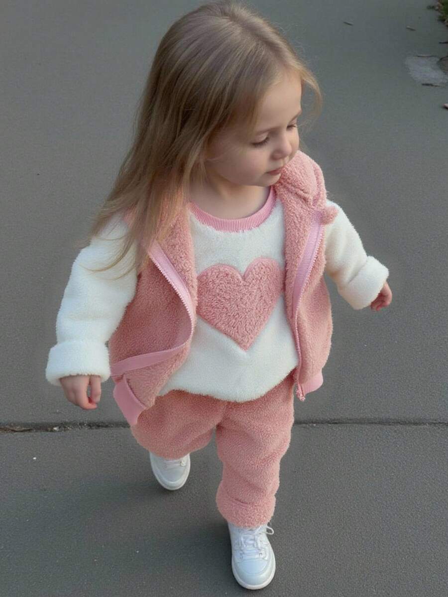 3 件套女婴服装套装：连帽羊毛夹克、心形印花撞色圆领毛衣和松紧腰裤